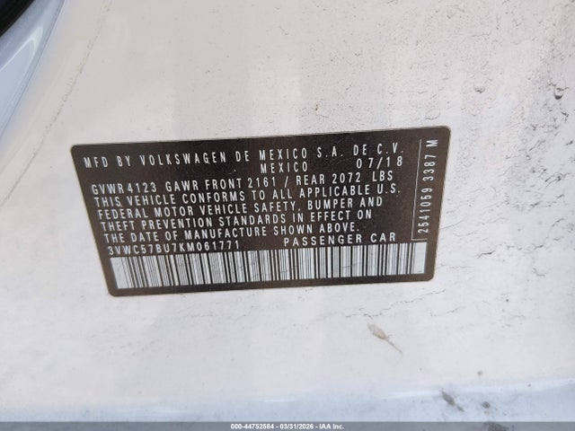 44752584 :رقم المزاد ، 3VWC57BU7KM061771 vin ، 2019 Volkswagen Jetta 1.4t R-line/1.4t S/1.4t Se مزاد بيع