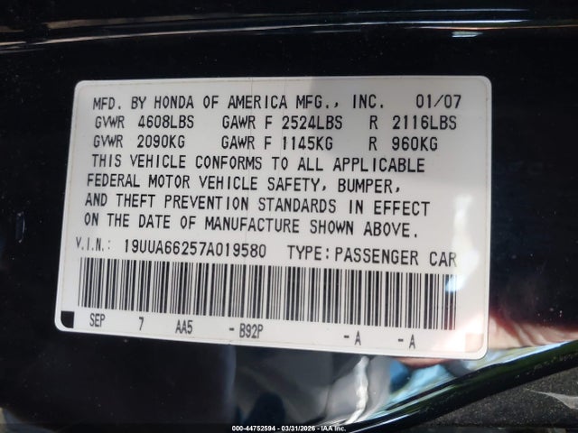 2007 ACURA TL 19UUA66257A019580 Photo 8