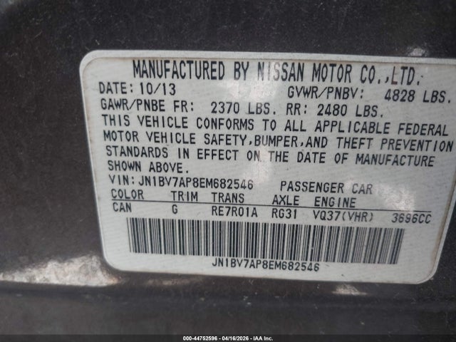 Aukcja sprzedaży 2014 Infiniti Q50, vin: JN1BV7AP8EM682546, numer aukcji: 44752596