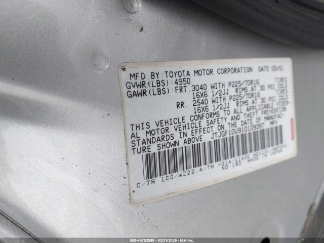 44752599 :رقم المزاد ، JTJGF10U910109397 vin ، 2001 Lexus Rx 300 مزاد بيع