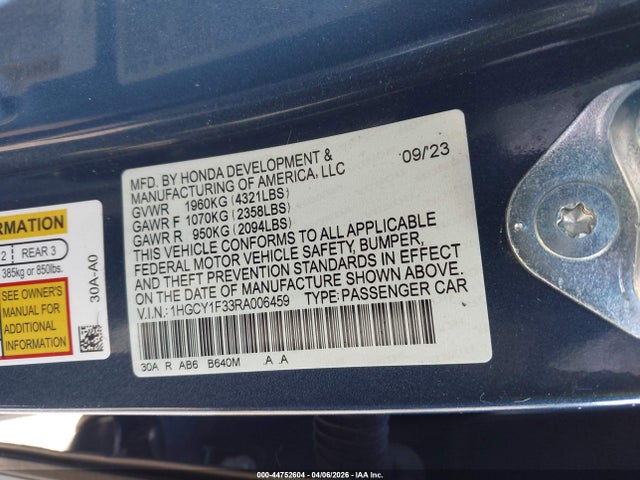Aukcja sprzedaży 2024 Honda Accord Ex, vin: 1HGCY1F33RA006459, numer aukcji: 44752604