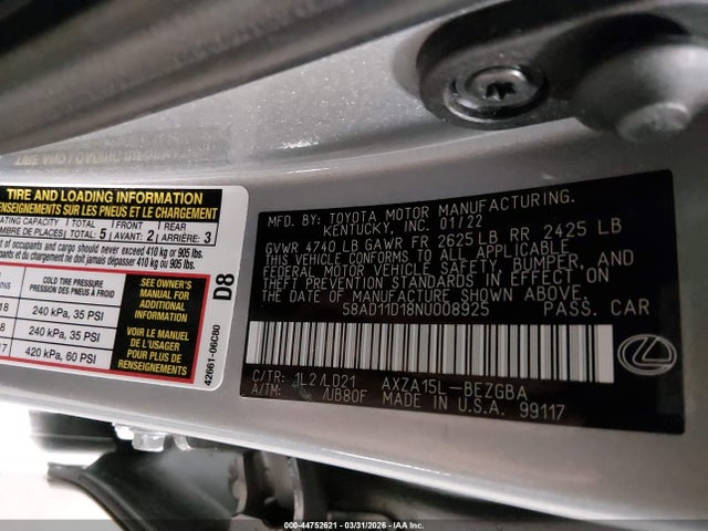 44752621 :رقم المزاد ، 58AD11D18NU008925 vin ، 2022 Lexus Es 250 مزاد بيع
