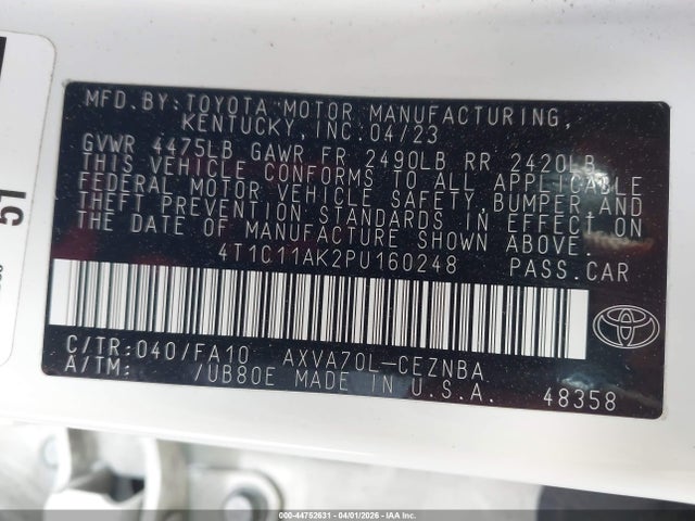 Aukcja sprzedaży 2023 Toyota Camry Le, vin: 4T1C11AK2PU160248, numer aukcji: 44752631