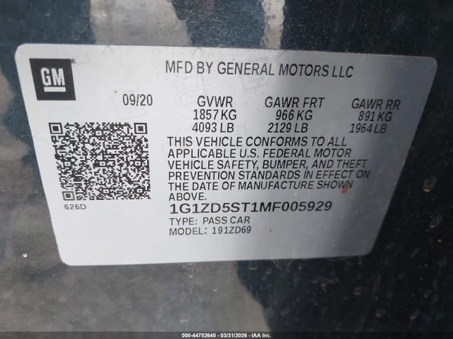 Продажа на аукционе авто 2021 Chevrolet Malibu Fwd Lt, vin: 1G1ZD5ST1MF005929, номер лота: 44752640