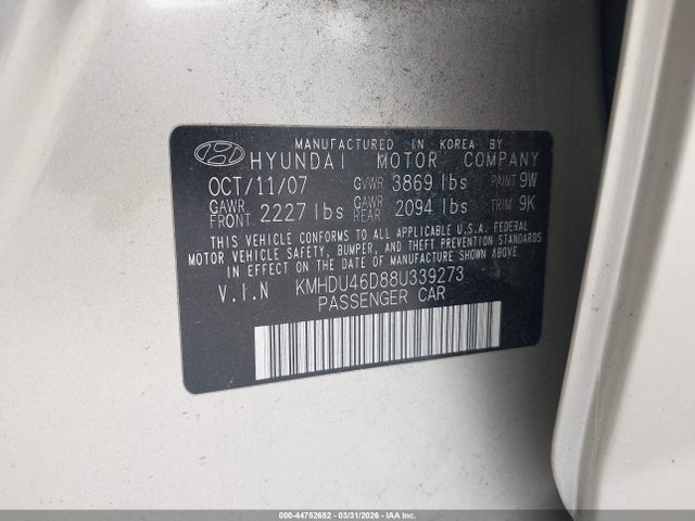 44752652 :رقم المزاد ، KMHDU46D88U339273 vin ، 2008 Hyundai Elantra Gls/se مزاد بيع