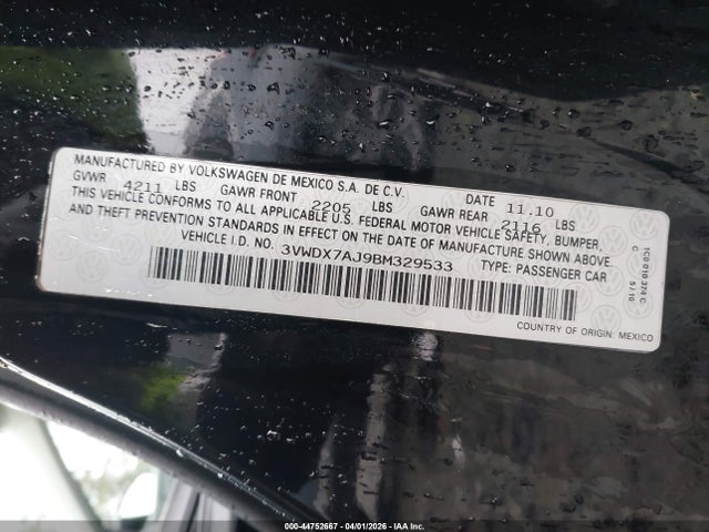 2011 Volkswagen Jetta 2.5l Se მანქანა იყიდება აუქციონზე, vin: 3VWDX7AJ9BM329533, აუქციონის ნომერი: 44752667
