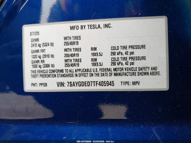 7SAYGDED7TF405945 Tesla Model Y