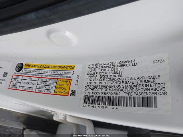Продаж на аукціоні авто 2024 Honda Accord Ex, vin: 1HGCY1F39RA047842, номер лоту: 44752678