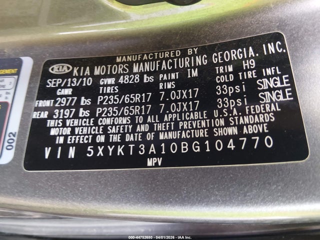 44752680 :رقم المزاد ، 5XYKT3A10BG104770 vin ، 2011 Kia Sorento Lx مزاد بيع