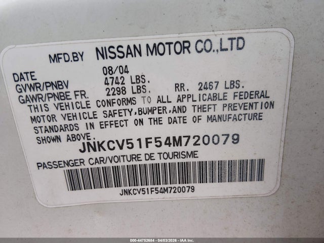 2004 Infiniti G35x მანქანა იყიდება აუქციონზე, vin: JNKCV51F54M720079, აუქციონის ნომერი: 44752684