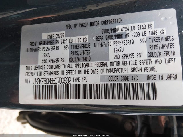 44752688 :رقم المزاد ، JM3KFBCM3S0700932 vin ، 2025 Mazda Cx-5 2.5 S Carbon Edition مزاد بيع
