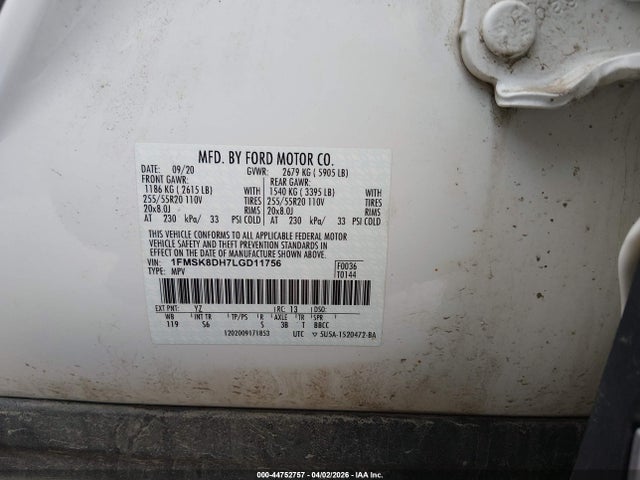 44752757 :رقم المزاد ، 1FMSK8DH7LGD11756 vin ، 2020 Ford Explorer Xlt مزاد بيع