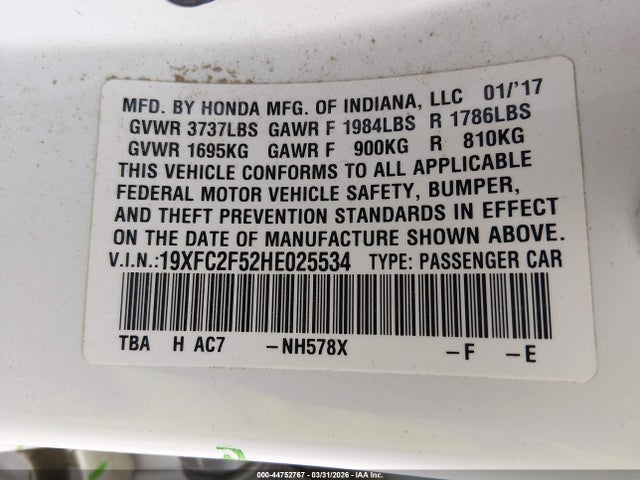 Honda Civic Lx 2017 19XFC2F52HE025534 Image 9