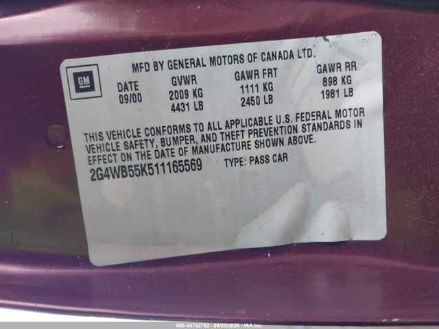 2001 Buick Regal Ls მანქანა იყიდება აუქციონზე, vin: 2G4WB55K511165569, აუქციონის ნომერი: 44752782