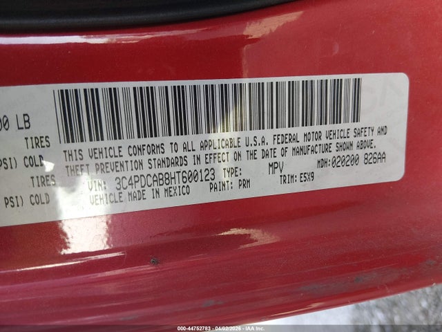 44752783 :رقم المزاد ، 3C4PDCAB8HT600123 vin ، 2017 Dodge Journey Se مزاد بيع