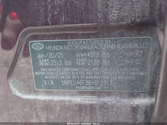 44752787 :رقم المزاد ، 5NPEU46F36H012717 vin ، 2006 Hyundai Sonata Gls V6/lx V6 مزاد بيع