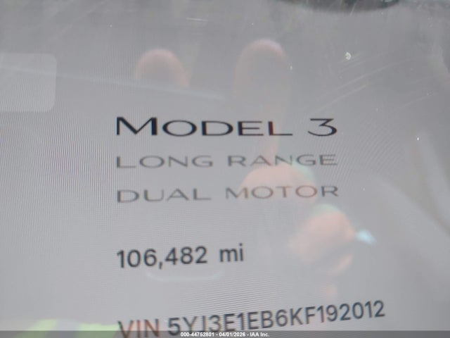 Aukcja sprzedaży 2019 Tesla Model 3 Long Range/performance, vin: 5YJ3E1EB6KF192012, numer aukcji: 44752801