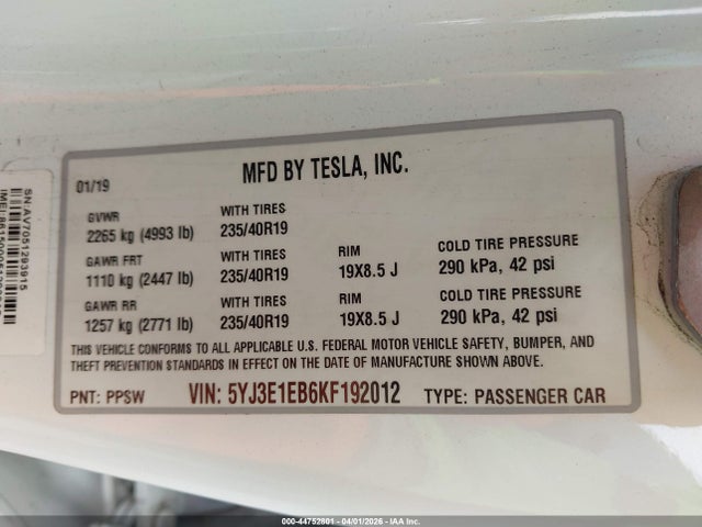 Aukcja sprzedaży 2019 Tesla Model 3 Long Range/performance, vin: 5YJ3E1EB6KF192012, numer aukcji: 44752801