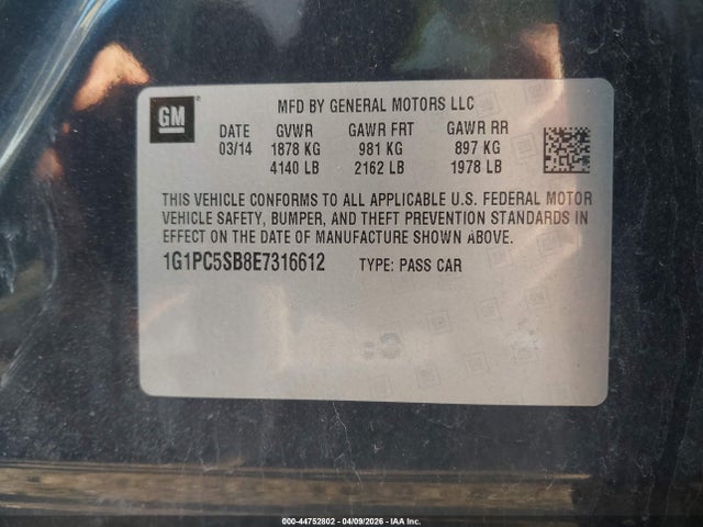44752802 :رقم المزاد ، 1G1PC5SB8E7316612 vin ، 2014 Chevrolet Cruze 1lt Auto مزاد بيع