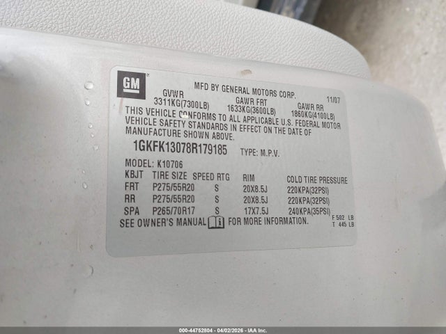 Aukcja sprzedaży 2008 Gmc Yukon Slt, vin: 1GKFK13078R179185, numer aukcji: 44752804