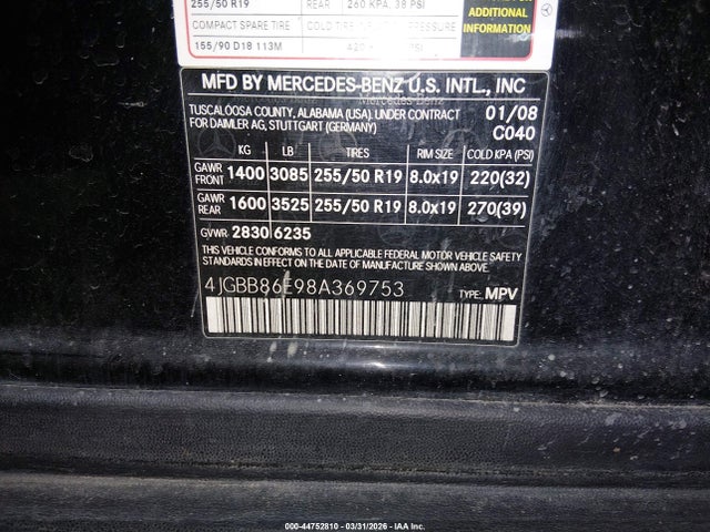 2008 Mercedes-benz Ml 350 4matic მანქანა იყიდება აუქციონზე, vin: 4JGBB86E98A369753, აუქციონის ნომერი: 44752810