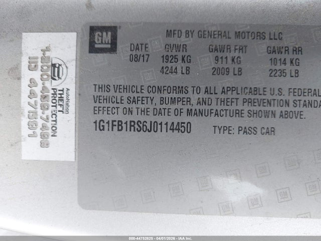 2018 Chevrolet Camaro 1lt მანქანა იყიდება აუქციონზე, vin: 1G1FB1RS6J0114450, აუქციონის ნომერი: 44752825