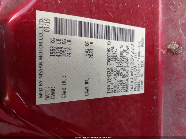 44752826 :رقم المزاد ، 1N4BL4DV8KC207272 vin ، 2019 Nissan Altima 2.5 Sv مزاد بيع