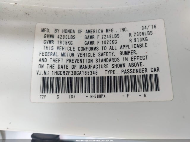 Honda ACCORD LX 2016 1HGCR2F30GA185348 Image 9