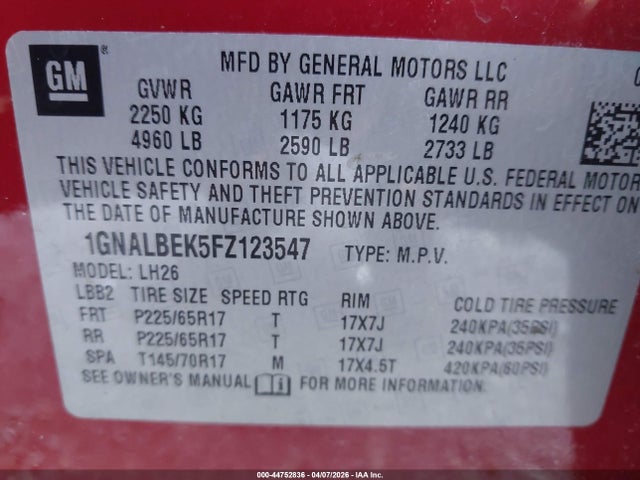Aukcja sprzedaży 2015 Chevrolet Equinox 1lt, vin: 1GNALBEK5FZ123547, numer aukcji: 44752836