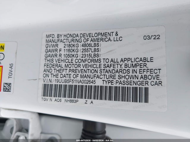 19UUB5F51NA002645 Acura Tlx A-spec Package