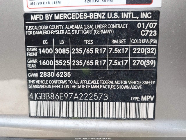 Aukcja sprzedaży 2007 Mercedes-benz Ml 350 4matic, vin: 4JGBB86E97A222573, numer aukcji: 44752842