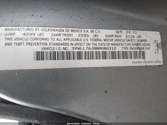 2011 Volkswagen Jetta 2.0l Tdi მანქანა იყიდება აუქციონზე, vin: 3VWLL7AJ8BM080312, აუქციონის ნომერი: 44752846