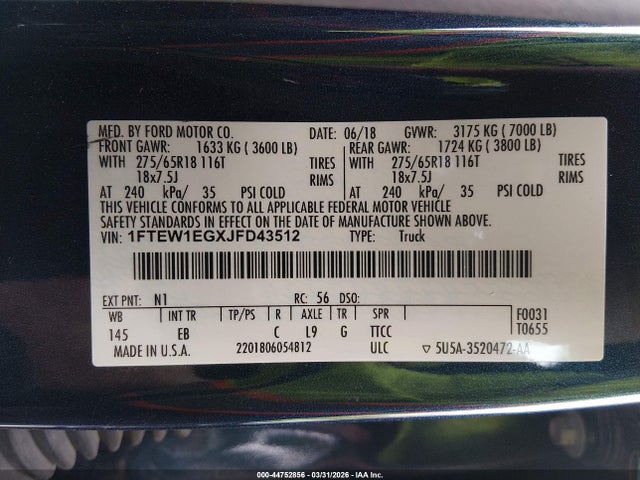 2018 Ford F-150 Lariat მანქანა იყიდება აუქციონზე, vin: 1FTEW1EGXJFD43512, აუქციონის ნომერი: 44752856