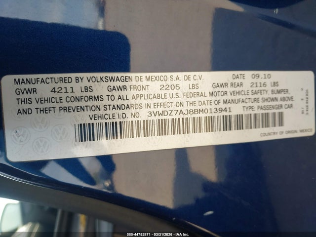 2011 Volkswagen Jetta 2.5l Se მანქანა იყიდება აუქციონზე, vin: 3VWDZ7AJ8BM013941, აუქციონის ნომერი: 44752871