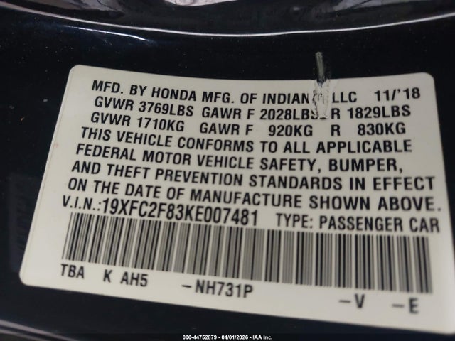 2019 Honda Civic Sport მანქანა იყიდება აუქციონზე, vin: 19XFC2F83KE007481, აუქციონის ნომერი: 44752879