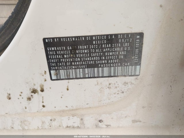 Aukcja sprzedaży 2012 Volkswagen Jetta 2.0l S, vin: 3VW2K7AJ3CM415461, numer aukcji: 44752896