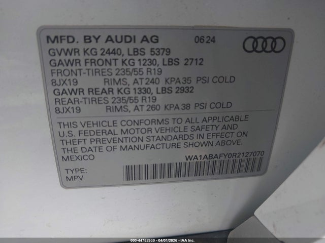 Aukcja sprzedaży 2024 Audi Q5 Premium 40 Tfsi Quattro S Tronic, vin: WA1ABAFY0R2127070, numer aukcji: 44752930