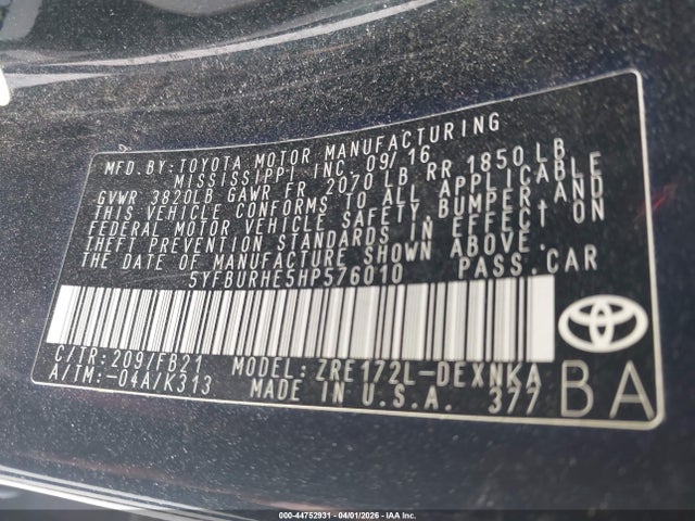 Toyota COROLLA LE 2017 5YFBURHE5HP576010 Image 9
