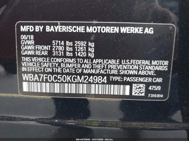 Aukcja sprzedaży 2019 Bmw 750i, vin: WBA7F0C50KGM24984, numer aukcji: 44752940