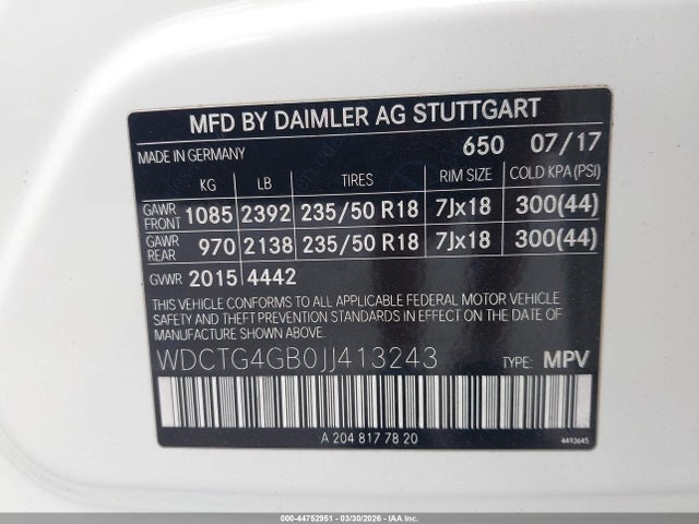 44752951 :رقم المزاد ، WDCTG4GB0JJ413243 vin ، 2018 Mercedes-benz Gla 250 4matic مزاد بيع