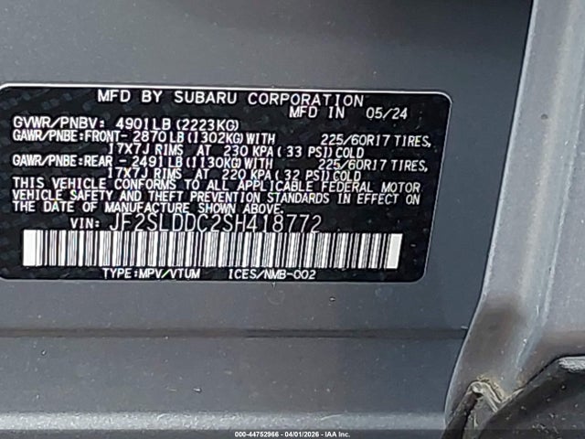 Продаж на аукціоні авто 2025 Subaru Forester Premium, vin: JF2SLDDC2SH418772, номер лоту: 44752966