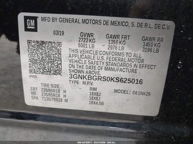 Aukcja sprzedaży 2019 Chevrolet Blazer, vin: 3GNKBGRS0KS625016, numer aukcji: 44752971