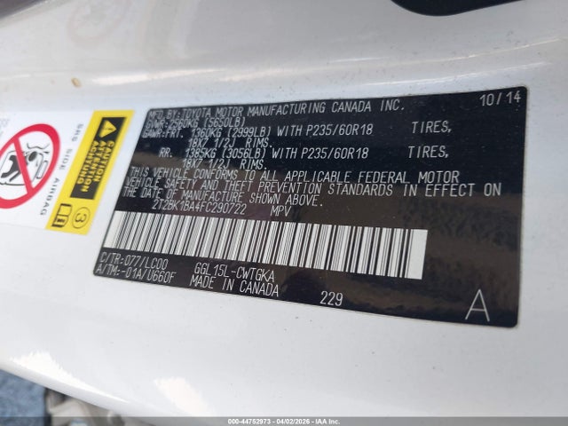 44752973 :رقم المزاد ، 2T2BK1BA4FC290722 vin ، 2015 Lexus Rx 350 مزاد بيع