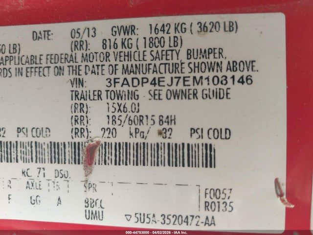 2014 Ford Fiesta Se მანქანა იყიდება აუქციონზე, vin: 3FADP4EJ7EM108146, აუქციონის ნომერი: 44753000