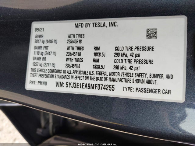 2021 TESLA MODEL 3 5YJ3E1EA9MF074255 Photo 8