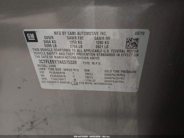 44753009 :رقم المزاد ، 2CTFLEEY7A6375328 vin ، 2010 Gmc Terrain Sle-2 مزاد بيع