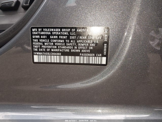 Aukcja sprzedaży 2020 Volkswagen Passat 2.0t R-line, vin: 1VWMA7A33LC004382, numer aukcji: 44753011