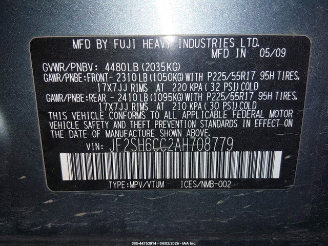 44753014 :رقم المزاد ، JF2SH6CC2AH708779 vin ، 2010 Subaru Forester 2.5x Premium مزاد بيع