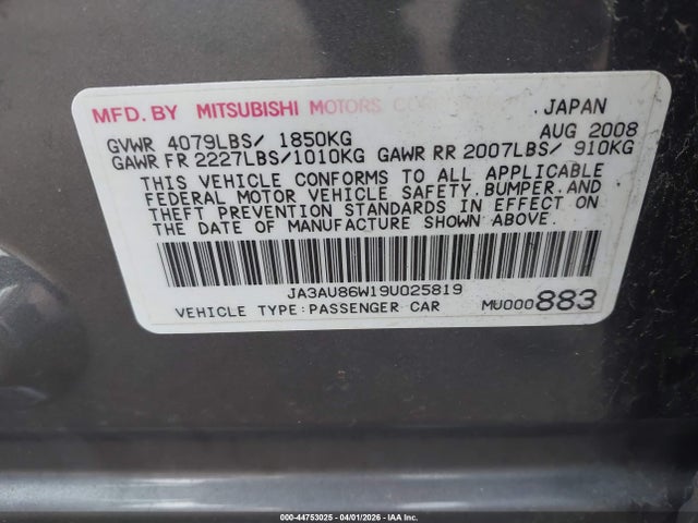 Продаж на аукціоні авто 2009 Mitsubishi Lancer Gts, vin: JA3AU86W19U025819, номер лоту: 44753025