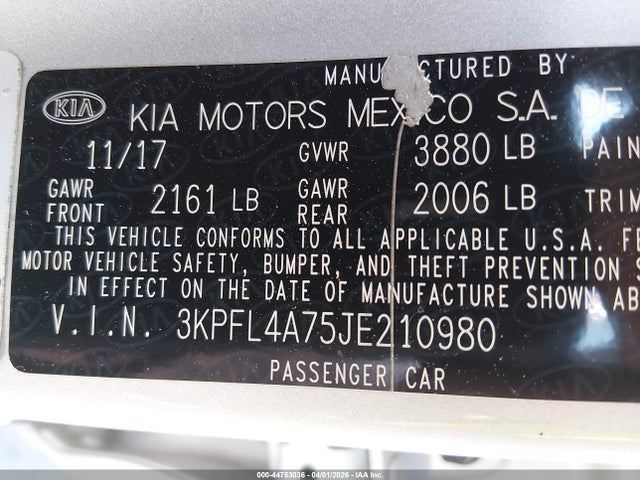 2018 Kia Forte Lx მანქანა იყიდება აუქციონზე, vin: 3KPFL4A75JE210980, აუქციონის ნომერი: 44753036